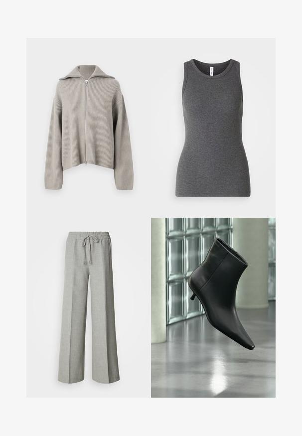 Pull en maille côtelée gris clair, zippé, avec un col évasé et des épaules tombantes. À noter un tissu texturé et une coupe cropped.; Débardeur gris sans manches en matière côtelée ; doté d'un col rond et d'une coupe ajustée. Sans motifs ni accents supplémentaires.; Pantalon ample gris clair avec taille élastique et cordon de serrage, poches avant, et tissu texturé subtil.; Bottine en cuir noir à bout pointu et petit talon kitten, présentée en angle devant un sol poli et un mur en blocs de verre.
