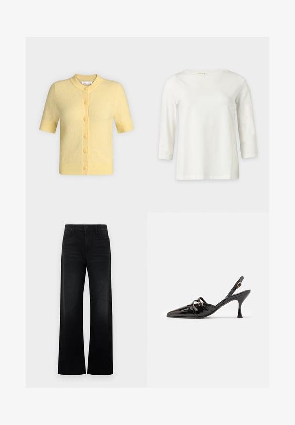 Cardigan jaune pastel à manches courtes, col rond, poignets et ourlet côtelés, avec six boutons assortis sur le devant.; Chemise blanche à manches longues avec un col rond, présentée sur un fond clair uni.; Jean noir taille haute à jambes larges avec poches avant et passants de ceinture, présenté sur un fond uni clair.; ALOHAS JOELLE ONIX - Escarpins - black
