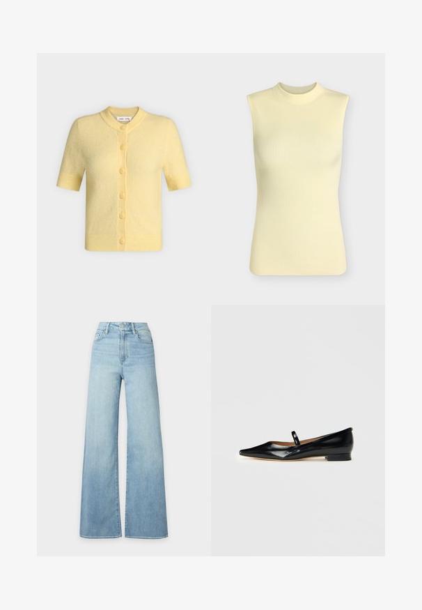 Cardigan jaune pastel à manches courtes, col rond, poignets et ourlet côtelés, avec six boutons assortis sur le devant.; Top sans manches en maille côtelée jaune pâle avec un col rond montant, silhouette ajustée et tissu doux texturé.; Jean en denim bleu clair taille haute avec jambes larges et droites, poches avant et fermeture par bouton sur fond blanc.; Chaussure plate Mary Jane en cuir verni noir, à bout pointu, avec une seule sangle et un petit talon sur fond uni.