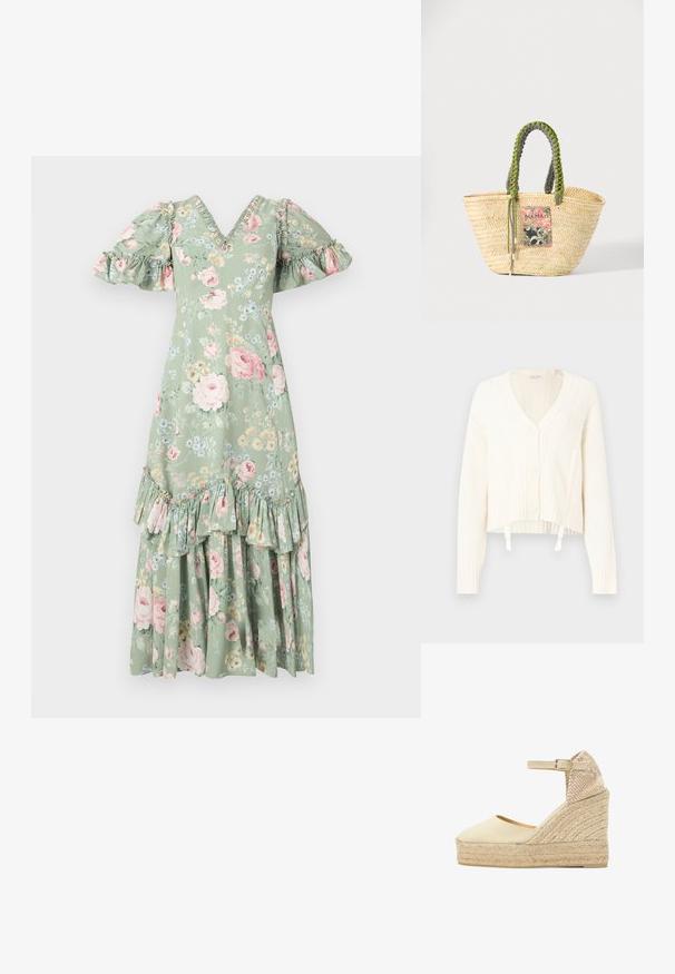 Cardigan blanc en maille torsadée avec encolure en V, cinq boutons, poignets côtelés et design court avec deux cordons de serrage à l'ourlet.; Robe maxi florale en vert doux avec un décolleté en V, des manches bouffantes, des accents en volants et un ourlet à plusieurs niveaux. Présente des roses roses et de petites fleurs bleues.; Espadrille compensée beige avec plateforme en jute tressé, bout fermé, bride de cheville avec boucle et contrefort de talon texturé dans des tons neutres.; Sac cabas en paille beige tissée avec des poignées tressées vertes et noires et un patch rectangulaire coloré à l'avant.