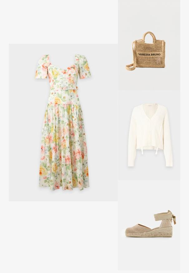 Hvid cardigan i kabelstrik med V-hals, fem knapper, ribstrikkede manchetter og en croppet design med to snoretræk i kanten.; Floral midi kjole med pufærmer, hjerteudskæring, figursyet talje med bælte og et flydende skørt i pastelgule, pink og grønne toner.; Beige espadrille med en overdækning af lærred, tekstureret vævet hæl og flettet jutesål; har en bundet ankelrem for en sikker pasform.; Vævet beige håndtaske med to håndtag, lang rem, åben vævning og "VANESSA BRUNO" broderet i sort på forsiden.