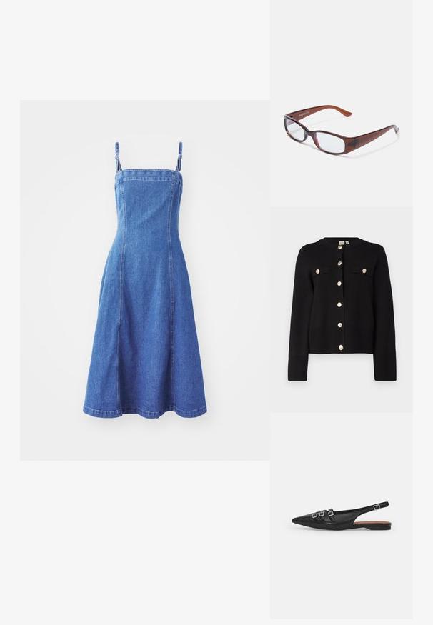 YAS YASPIMI - Cardigan - black; Denimkjole med tætsiddende liv, justerbare stropper, udfoldet nederdel, midt-blå farve og synlige sømdetaljer. Glat tekstur.; Sort læderslyngeflad sko med spids tå, der har to vandrette stropper og firkantede sølvspænder, lav hæl og glat tekstur.; Brune-farvede rektangulære briller med en glat overflade, der har slanke arme og gennemsigtige linser. Logoet er synligt på venstre temple.