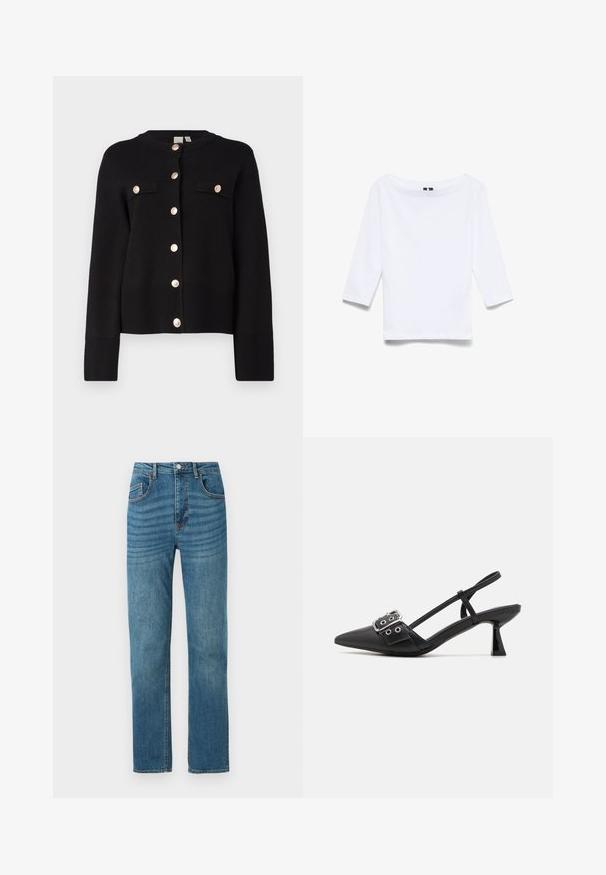 YAS YASPIMI - Chaqueta de punto - black; Camisa blanca de manga tres cuartos hecha de una mezcla de algodón; presenta un amplio escote barco y una textura suave y ligera.; Vaqueros azules de corte recto con cinco bolsillos, cierre de botón y sutiles patrones de desgaste horizontales en la parte superior frontal.; Simmi London DALA - Tacones - black