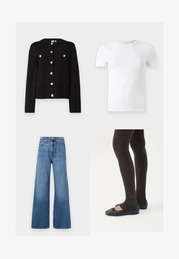 YAS YASPIMI - Cardigan - black; Hvid kortærmet T-shirt med rund hals vist mod en lysegrå baggrund.; Blå højtaljede vidde jeans med knap- og lynlåslukning, forlommer og diskret fading på stoffet.; Ben iført mørke ribbede leggings kombineret med sorte balletsko med små sløjfedetaljer på hvid baggrund.