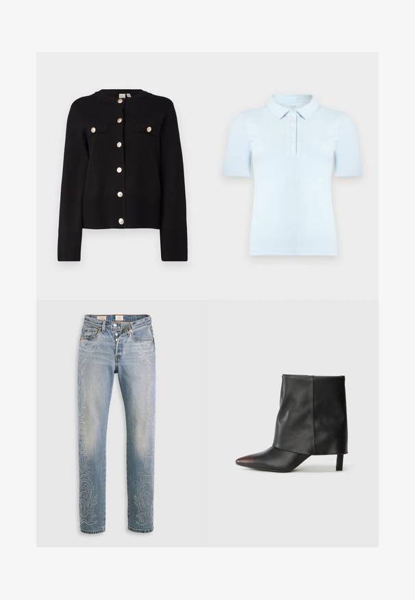 YAS YASPIMI - Vest - black; Lichtblauw geribd poloshirt met korte mouwen, een kraag en een knoopsluiting met vier knopen, weergegeven op een effen witte achtergrond.; Lichtblauwe denim jeans met een hoge taille, recht been en decoratieve kralenpatronen langs de buitenste naden. Vijf-pocketontwerp en knopenfly.; Zwarte enkellaars van glad leer met een puntige neus en een taps toelopende hak. Het bovenwerk heeft een licht geplooid ontwerp.