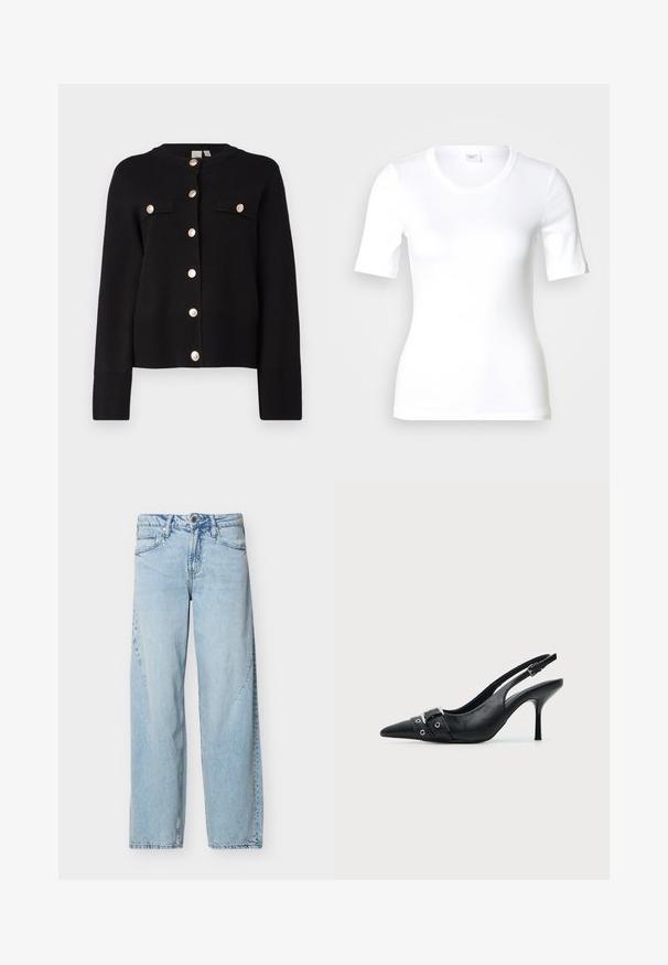 YAS YASPIMI - Cardigan - black; Hvid T-shirt med korte ærmer lavet af glat bomuld, med rund halsudskæring og en tætsiddende pasform. Klassisk design uden mønstre eller detaljer.; Lyseblå denimjeans med lige ben, forlommer, bæltestropper og knaplukning på en ensfarvet hvid baggrund.; Sort læder højhælet sko med spidst tåparti, slingback og rem med spænde og nitter foran.