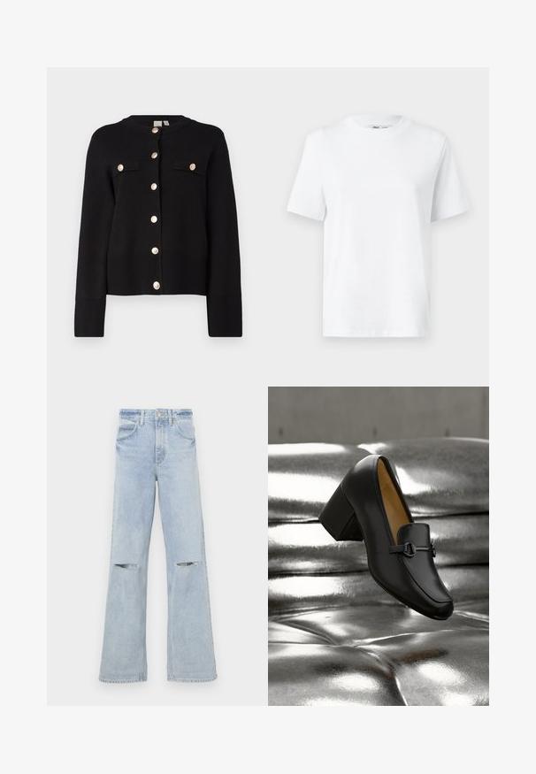 YAS YASPIMI - Chaqueta de punto - black; Camiseta de algodón blanca de cuello redondo con mangas cortas y una textura suave. Diseñada con un ajuste relajado para mayor comodidad y versatilidad.; Jeans de pierna ancha en azul claro con cortes deshilachados en las rodillas, cintura alta y un diseño clásico de cinco bolsillos. Fabricados en una tela vaquera de textura suave.; Mocasín de cuero negro con tacón alto, punta redondeada, tira decorativa y pequeño detalle metálico. Textura lisa y diseño elegante.