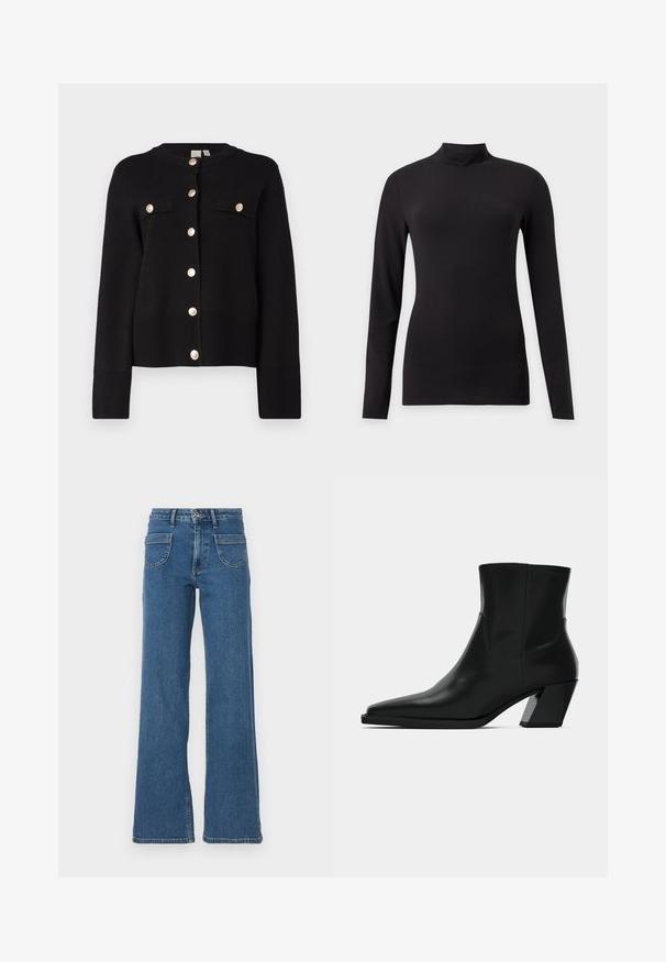 YAS YASPIMI - Cardigan - black; Sort tætsiddende top med lange ærmer og høj krave, vist på en ensfarvet lys grå baggrund.; Blå denim brede ben jeans med høj talje, fem lommer, frontknaplukning og en let falmet finish. Syede kanter og sømme er synlige.; Sortlæder ankelstøvle med spids tå, en slank silhuet og en kraftig firkantet hæl. Glat tekstur med minimale stikninger.