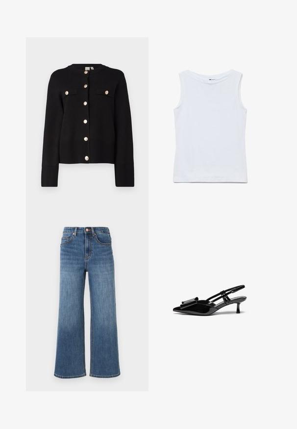 YAS YASPIMI - Cardigan - black; Ærmeløs hvid bomuldstop med bred rund halsudskæring og lige kant, vist fladt på en hvid baggrund.; Blå denim jeans med vide ben, fem lommer, knaplukning og bæltestropper vist mod en ensartet lys baggrund.; Sorte patenterede læderslingbacks med spids tå, en sløjfedetalje foran og en lille stilettohæle. Remmene har justerbare spænder.