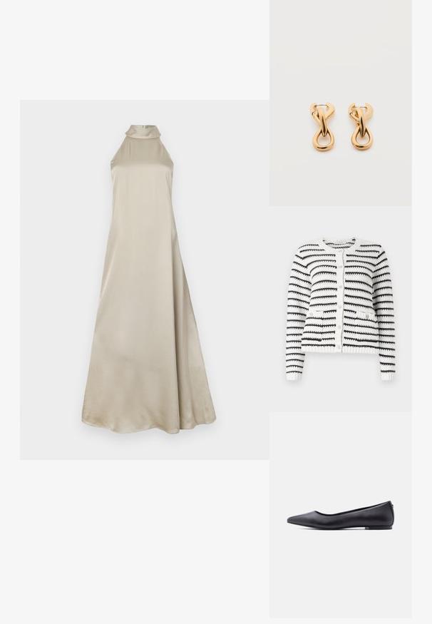 Copenhagen Muse KOTOM CARDIGAN - Kardigan - jet stream/black; Kerge beeži satiiniga maksikleit, millel on kõrge kaelus ja voolav siluett. Sile tekstuur, millel on kerge sära, ilma nähtavate mustriteta.; Must nahkjala kinga madala kontsaga, külgvaates valge tausta ees.; Paari läikiva kuldse tooniga rõngaskõrvarõngaid lihtsal valgel taustal, millel on põimunud keerutatud disain.
