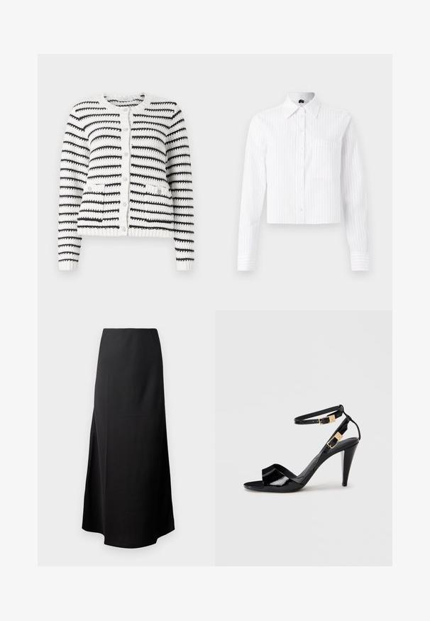 Copenhagen Muse KOTOM CARDIGAN - Kardigan - jet stream/black; Valge lühikeste pükste ülaosa nuppudega särk, millel on heledat sinist vertikaalset triipu, pikad varrukad, üks rinna-tasku ja klassikaline krae. Puuvilla ja sünteetika segu kangas.; Must muströöd, millel on sile tekstuur, kõrge vöökoht ja külglahandus, millel on lihtne, ilma kaunistusteta siluett.; Mustra musternahkade musta nahk sandaal kõrgete kontodega, topelt pahkluu rihmade ja kuldsete pandlatega, avatud varvastega ja kitsaste kergelt koonusjate kontidega neutraalsel taustal.