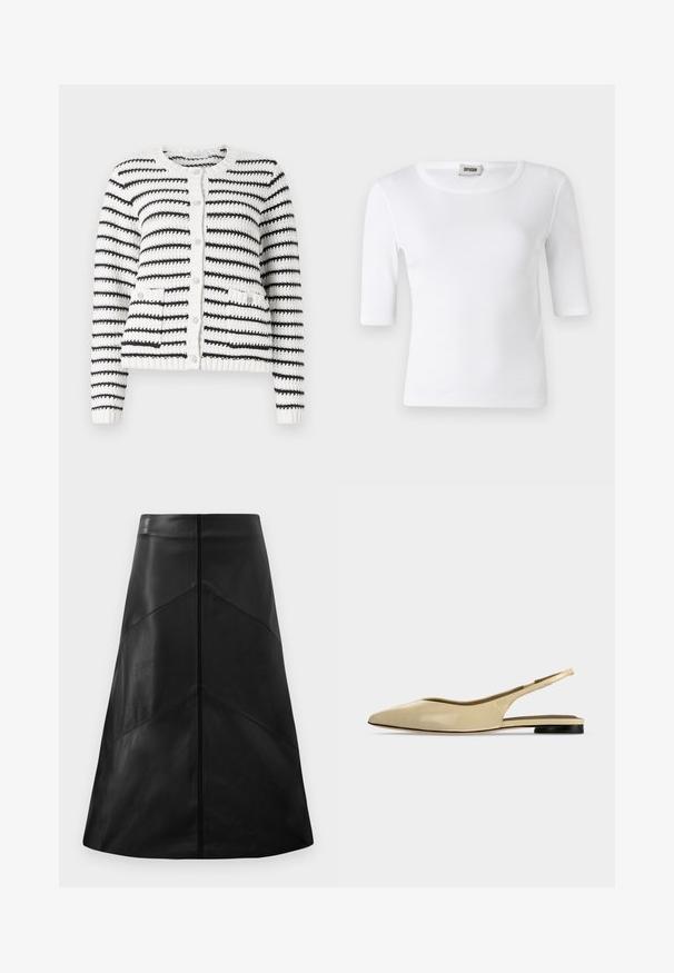 Copenhagen Muse KOTOM CARDIGAN - Gilet - jet stream/black; T-shirt blanc à côtes avec un col rond et des manches mi-longues. Fabriqué en matériau doux avec une texture lisse. Étiquette visible au niveau du col.; Jupe en cuir noir en forme A avec une texture lisse, arborant des motifs de coutures géométriques et une fermeture éclair dissimulée à l'arrière.; Chaussure plate beige à bout pointu avec bride arrière, petit talon noir et finition en cuir lisse, vue de côté sur un fond uni.