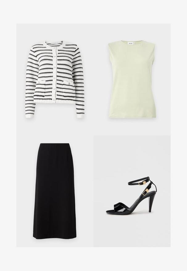 Copenhagen Muse KOTOM CARDIGAN - Kardigan - jet stream/black; Heledane ilma varrukatega topp ümmarguse kaelusega. Valmistatud pehmest kangast, millel on sile tekstuur ja minimalistlik disain.; Mustmustükk must maksiseeliku riie, millel on sile ja pehme tekstuur ning elastne vöökoht. Lihtne, sirge lõige ilma nähtavate mustrite või kaunistusteta.; Mustra musternahkade musta nahk sandaal kõrgete kontodega, topelt pahkluu rihmade ja kuldsete pandlatega, avatud varvastega ja kitsaste kergelt koonusjate kontidega neutraalsel taustal.