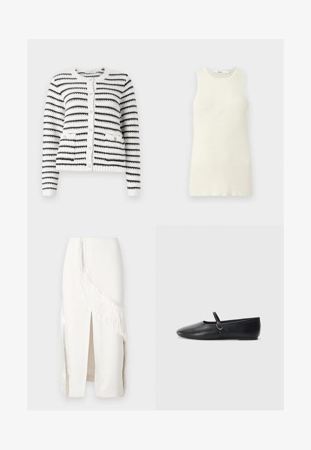 Copenhagen Muse KOTOM CARDIGAN - Gilet - jet stream/black; Débardeur sans manches couleur crème en tissu côtelé, avec un col rond et une coupe près du corps. Aucun motif ni accent visible.; Jupe crayon blanche avec des détails à franges sur un côté, dotée d'une fente frontale, fabriquée dans un tissu lisse avec une silhouette structurée.; Ballerines noires en cuir avec un bout pointu, une semelle plate et une petite sangle avec un détail de boucle en argent.