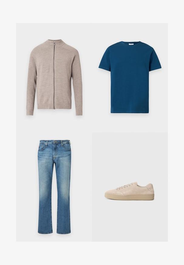 Beige cardigan med lynlås, høj krave, ribstrikket tekstur på ærmerne og glat krop. Har en lynlås foran. Materialet virker blødt.; Mørkeblå t-shirt med rund hals i blød bomuld, med korte ærmer og en enkel, glat tekstur samt en lige pasform.; Blå denimbukser, lige ben design med en falmet vask, med en klassisk fem-lommes stil og metalhardware detaljer.; Beige ruskinds sneaker med en rund tå, flade snørebånd og en tekstureret gummisål. Minimalistisk design med glatte kanter og diskret syning.
