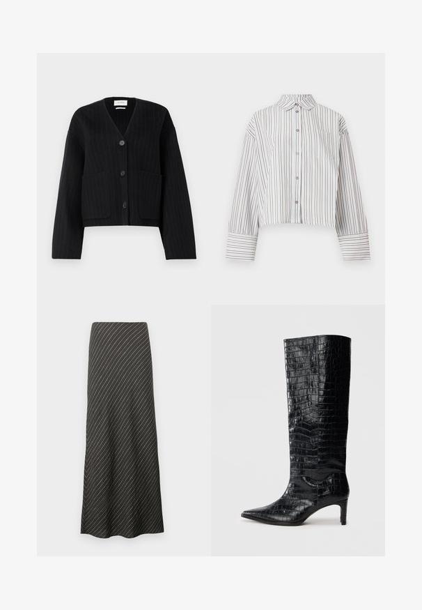 Sort vest cardigan med striber og knapper, V-hals og to frontlommer på ensfarvet hvid baggrund.; Langærmet cropped skjorte med brune og hvide lodrette striber, knaplukning foran, krave og brystlomme.; Sort midi-nederdel med diagonale hvide striber, lavet af et glat stof. Har en udvidet design og en A-formet silhuet.; Sorte knæhøje støvler med en blank, krokodillemønstret tekstur, spids tå og en affaset hæl. Glat syntetisk materiale.