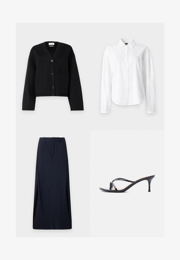 Cardigan noir à rayures avec boutons, en V et deux poches avant sur fond blanc uniforme.; Chemise blanche à manches longues avec col, boutonnage devant et poignets froncés. Fabriquée en tissu doux et léger avec une texture lisse.; Jupe longue bleu marine en tissu tissé, avec une coupe droite, des passants de ceinture et une fermeture éclair dissimulée. Lignes épurées et design minimal.; Sandale à talon en cuir verni noir avec fines lanières croisées et talon aiguille moyen et élancé sur fond blanc.