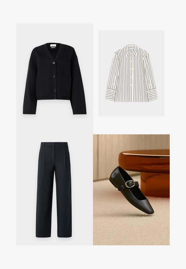 Cardigan noir à rayures avec boutons, en V et deux poches avant sur fond blanc uniforme.; Chemise blanche à manches longues avec boutons, rayures verticales noires et col pointu, posée à plat sur un fond clair.; Pantalon noir ajusté avec une coupe droite, présentant des plis avant, une texture lisse et des passants de ceinture. Pas de poches visibles.; Chaussure plate Mary Jane en cuir noir avec boucle argentée, exposée sur un tapis beige près d'un pied de table rond marron.