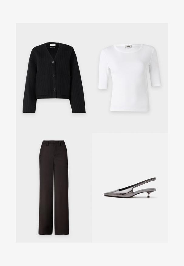 Cardigan noir à rayures avec boutons, en V et deux poches avant sur fond blanc uniforme.; T-shirt blanc à côtes avec un col rond et des manches mi-longues. Fabriqué en matériau doux avec une texture lisse. Étiquette visible au niveau du col.; Pantalons noirs à jambes larges avec un devant plat, passants de ceinture et une texture lisse, conçus pour un ajustement près du corps. Aucun matériel ou motif visible.; Chaussure slingback gris métallique à bout pointu, petit talon kitten et bride réglable sur fond blanc.