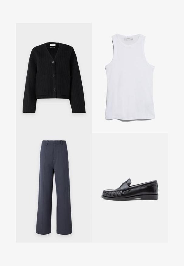 Sort vest cardigan med striber og knapper, V-hals og to frontlommer på ensfarvet hvid baggrund.; Hvid ribbet top med rund hals og brede ærmegab. Har en glat tekstur og en lige kant. Mærket læser "IVY OAK."; Bredde bukser i mørkegrå stof. Funktionen inkluderer en høj talje, frontplisseringer og en glat tekstur med bæltestropper.; Sorte læderloafers med rundet tå, karakteristisk syning og en dekorativ rem over vampen. Glat finish og lav hæl.