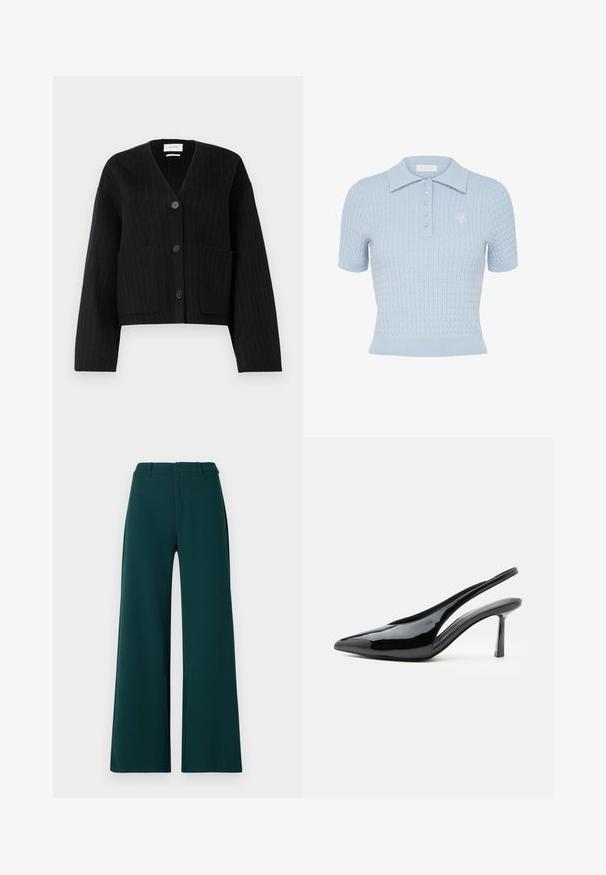 Sort vest cardigan med striber og knapper, V-hals og to frontlommer på ensfarvet hvid baggrund.; Lyseblå kortærmet strikket polo med kabelmønster, ribbet kant, knappelukning, spids krave og subtilt broderet logo på brystet.; Bredde ben bukser i mørkegrønt stof. Har høj talje, frontfolder og bæltesløjfer. Glat tekstur og skræddersyet design.; Sort laklæder stilet højhælet slingback med spids tå og slank stilet hæl på hvid baggrund.