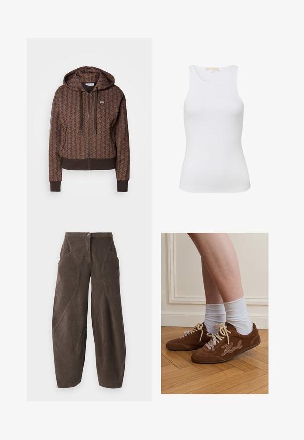 Brun lynlås hættejakke med et helt overflade geometrisk mønster, justerbare snore, ribbede manchetter og en kontrasterende kant. Lacoste logo på brystet.; Hvid ribbet tanktop med rund halsudskæring og ærmeløs design. Glat tekstur og tætsiddende form. Diskret mærkat ved den bagerste halsudskæring.; Brune bredbenede fløjlsbukser med høj talje, frontknaplukning og skrå sømdetaljer på benene.; Ben iført hvide sokker og brune ruskindssneakers med "Karl" broderet på siden, stående på trægulv.