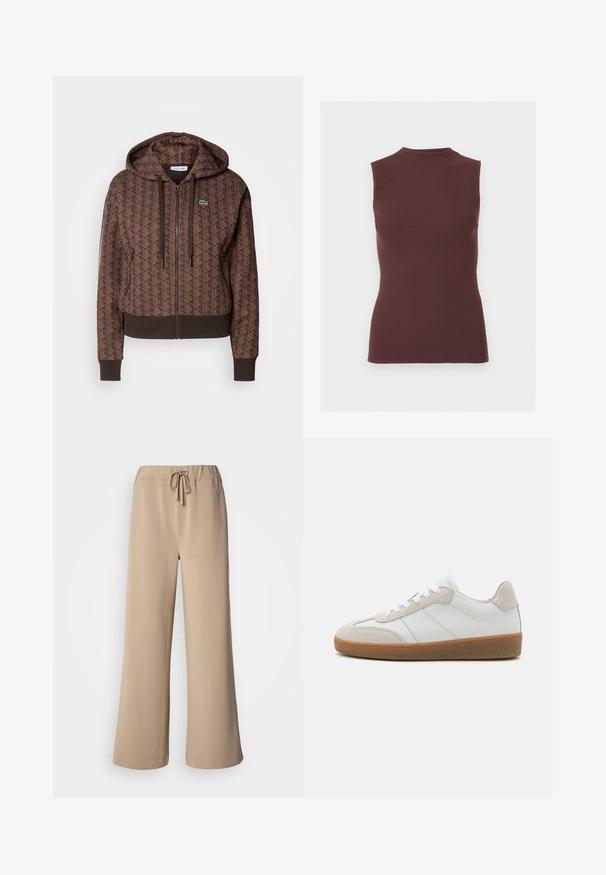 Brun lynlås hættejakke med et helt overflade geometrisk mønster, justerbare snore, ribbede manchetter og en kontrasterende kant. Lacoste logo på brystet.; Ærmeløs ribstrikket top i mørkebrun med en falsk høj hals og tætsiddende silhuet.; Beige bukser med vide ben, elastik i taljen og snøre. Fremstillet af blødt stof med en glat struktur og med en syning i kanten.; Hvide lædersneakers med beige ruskindsdetaljer, struktureret tunge og gummisål. Har hvide snørebånd og diskrete stikninger.