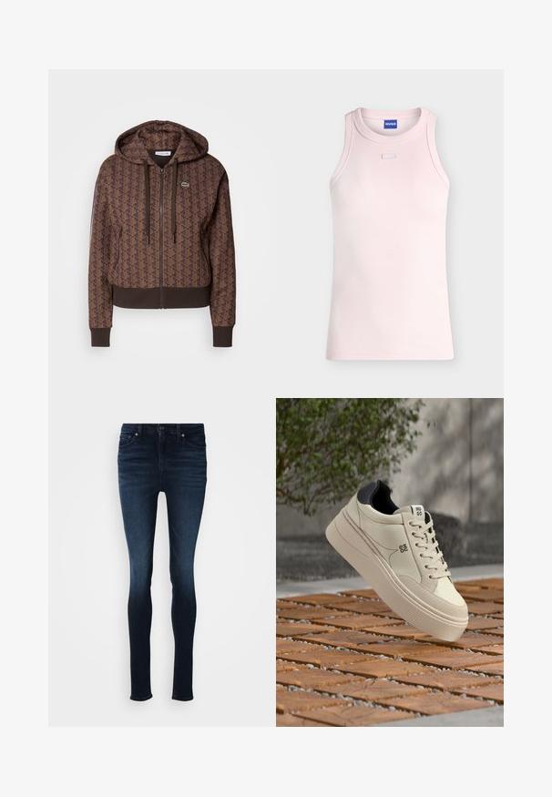 Brun lynlås hættejakke med et helt overflade geometrisk mønster, justerbare snore, ribbede manchetter og en kontrasterende kant. Lacoste logo på brystet.; Lyserød ærmeløs ribbet tanktop med rund halsudskæring og lille rektangulært stofdetalje nedenfor kraven, HUGO mærke indeni kraven.; Snævre jeans i mørk denim, med mellem taljehøjde, fem-lomme design og metallisk knaplukning. Glat tekstur med minimal falmning.; Beige og sort lave sneakers med tyk sål og snørebånd, mærket "HUGO", der svæver over et træ- og stenmønstret gulv udendørs.
