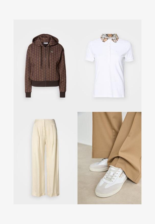 Pruun lukuga kapuutsiga särk, millel on kogu pinna ulatuses geomeetriline muster, reguleeritavad nöörid, ribakudumist mansetid ja kontrastne äär. Lacoste logo rinnal.; Barbour MALVERN - Polosärk - white/hessian; Kõrge vöökohaga kreemjas siidpüksid voldikute, laiade säärte ja varjatud esikinnituslukkuga, valgel ühevärvilisel taustal.; Valged tenniset jalatsid, millel on nahast aksendid, tekstuuriga nöörid ja kummist talla. Kõrvuti laia tan värvi pükstega. Logo on külje peal.