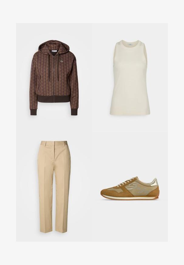 Brun lynlås hættejakke med et helt overflade geometrisk mønster, justerbare snore, ribbede manchetter og en kontrasterende kant. Lacoste logo på brystet.; IVY OAK KLARA ANN - Top - almond milk; Beige bukser med lige ben, bæltestropper, forreste pres, og skjult lukning, vist mod en lys baggrund.; Beige og brun lavtop Sneaker med hvide snørebånd, metallic hældetalje og kursiv "Boss" logo på siden, flad sål.