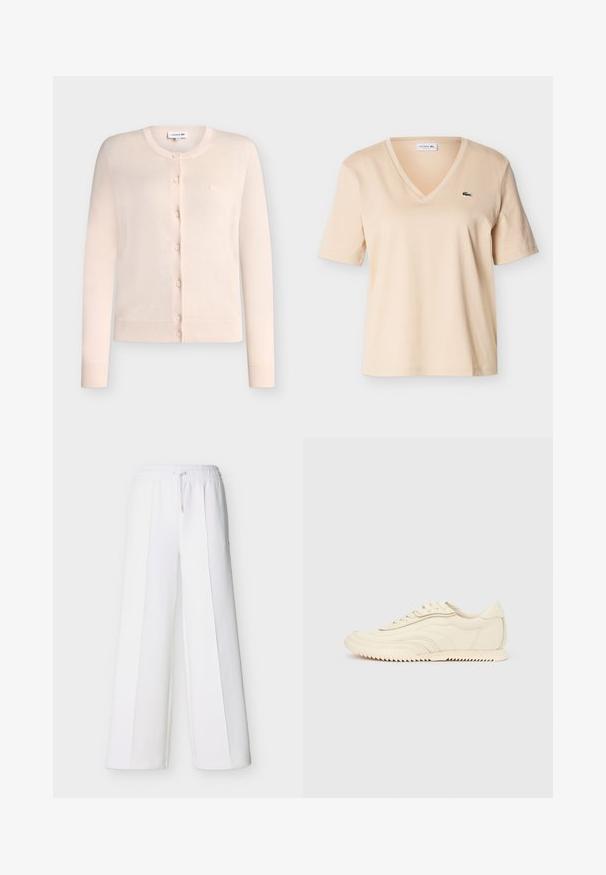 Cardigan rose clair à manches longues boutonné, avec poignets et ourlet côtelés, col rond et petit logo brodé sur la poitrine.; T-shirt beige à col en V et manches courtes, avec petit logo crocodile vert sur le côté gauche de la poitrine, présenté sur un fond uni.; Pantalon blanc à jambes larges avec une ceinture élastique et un cordon de serrage. Confectionné en tissu doux avec des coutures verticales pour un look ajusté.; Baskets basses de couleur crème avec des coutures ondulées, une fermeture à lacets et une semelle crantée, vues de côté sur un fond uni.