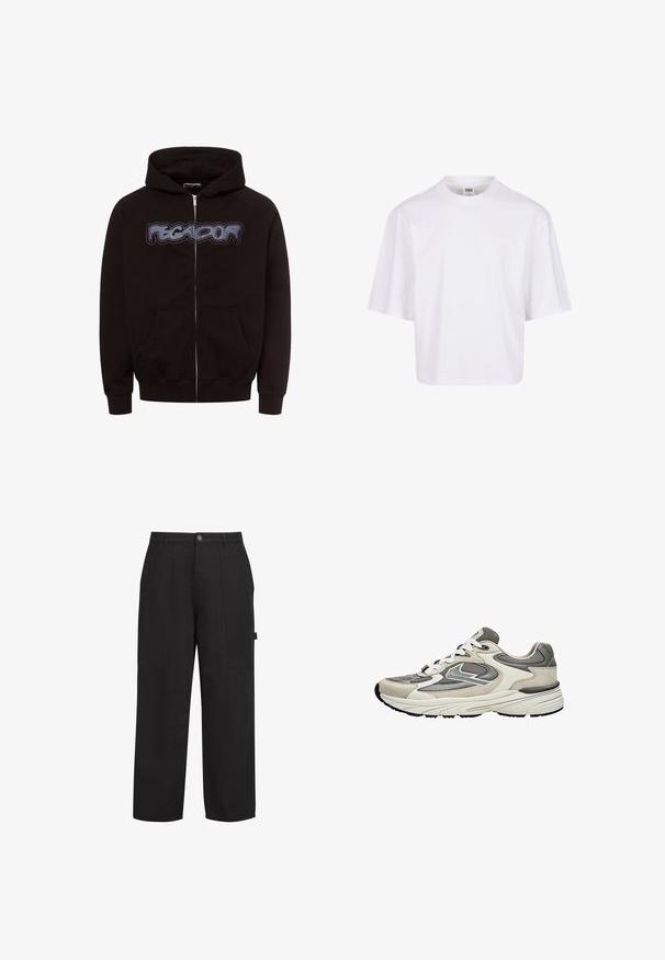 Haut à zip noir en tissu doux, présentant un graphique textuel "PEGA-DOR" bien visible sur la poitrine et deux poches avant.; T-shirt blanc à manches courtes avec un col rond et une coupe décontractée, fabriqué à partir d'un tissu en coton mélangé doux. Aucun motif ni embellissement.; Pantalons en coton noir avec une coupe relaxée, dotés de deux poches avant, d'une fermeture éclair et d'un bouton avant visible. Texture lisse, design à jambes droites.; Baskets de sport gris clair et blanc avec panneaux en mesh et daim, lacets blancs et semelle épaisse et rembourrée, vues de côté.
