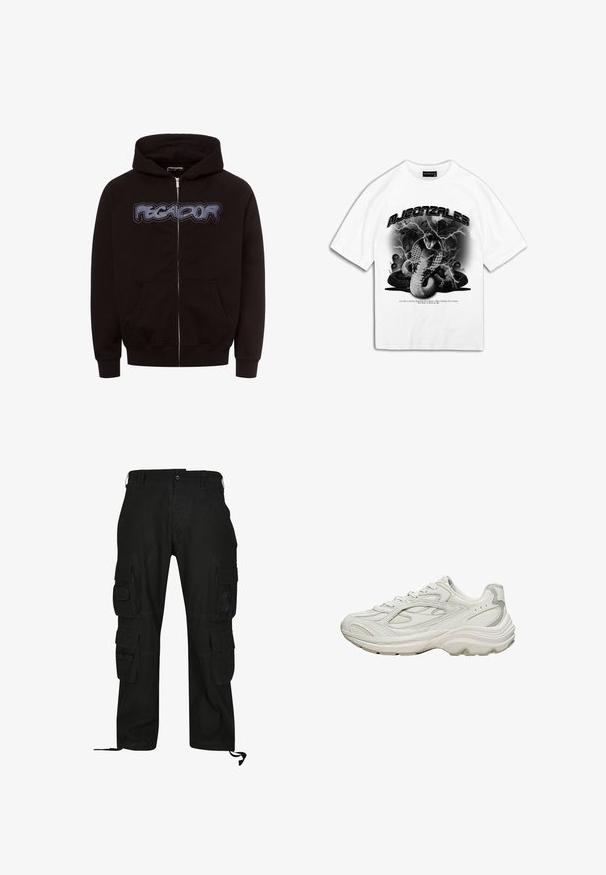 Sort zip-up hættetrøje lavet af blødt stof, med et fremtrædende "PEGA-DOR" tekstgrafik på brystet og to forlommer.; Hvid bomulds-t-shirt med et grafisk motiv af en kobra omgivet af lyn og kranier. Teksten med navnet "MJ Gonzales" er inkluderet.; Sorte cargo bukser lavet af slidstærkt stof, med flere sidelommer, afslappet pasform og justerbare ankelstropper.; Hvid sneaker med en tekstureret overdel og en chunky sål. Den har buede linjer, subtile grå accenter og en snørelukning.