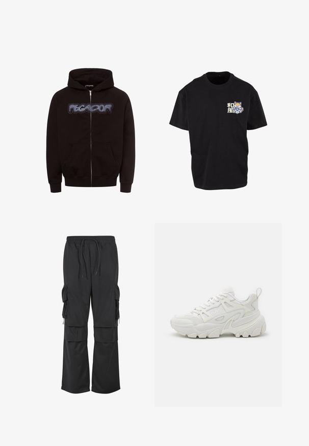 Haut à zip noir en tissu doux, présentant un graphique textuel "PEGA-DOR" bien visible sur la poitrine et deux poches avant.; T-shirt en coton noir avec un graphique central représentant un renard tenant une boisson, accompagné de caractères japonais en couleurs claires sur la zone gauche de la poitrine.; Pantalon cargo noir à jambes larges avec taille élastique, cordon de serrage et multiples poches à rabat sur les cuisses et le bas des jambes.; Des baskets de sport blanches avec une tige texturée, des panneaux en maille, une semelle en caoutchouc proéminente et des découpes décoratives sur les côtés.