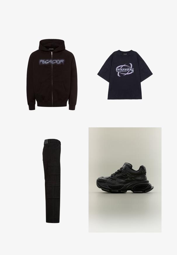 Sort zip-up hættetrøje lavet af blødt stof, med et fremtrædende "PEGA-DOR" tekstgrafik på brystet og to forlommer.; Sort oversized T-shirt lavet af bomuld med et grafisk print, der viser teksten "Pegador Most Alive" samt svajende detaljer i lilla og sølv.; Sorte cargobukser med flere store lommer med klap, bæltestropper og lige ben, vist fra siden.; Sort chunky sneaker med tekstureret design, tyk sål og snørelukning vist mod en almindelig neutral baggrund.
