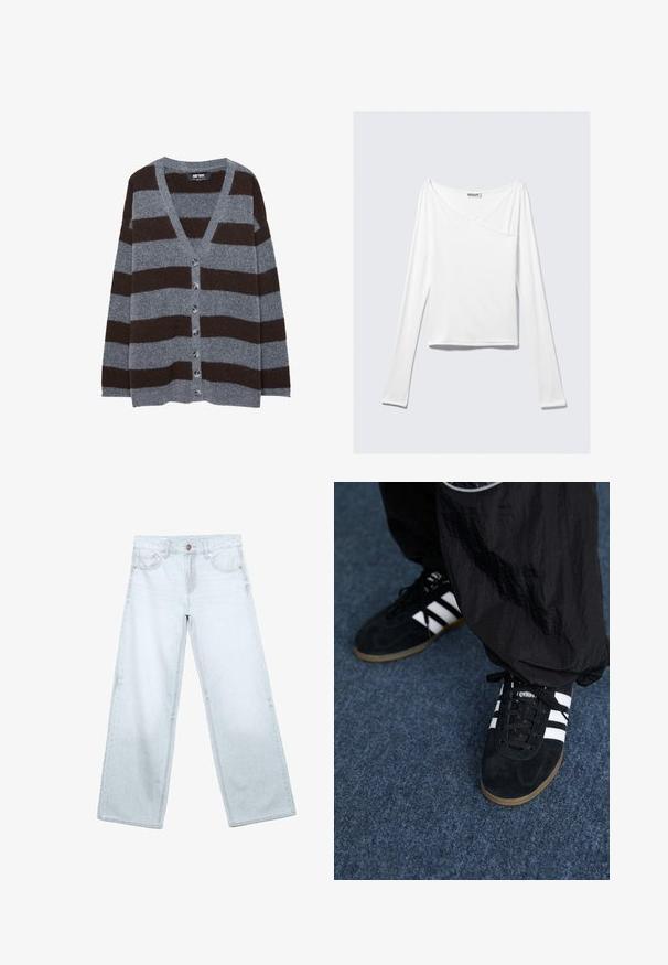 Cardigan rayé gris et marron avec un col en V, une fermeture à boutons et une texture douce. Caractérisé par des boutons arrondis et des manches longues.; Haut blanc à manches longues avec un design croisé et une poche. Fabriqué dans un tissu lisse et extensible. Coupé dans une coupe décontractée et ample.; Jean large à jambes larges bleu clair avec poches frontales, passants de ceinture et fermeture par bouton sur fond blanc.; Des chaussures de sport en suède noir avec trois rayures blanches et des lacets noirs. Un pantalon noir texturé est partiellement visible à côté des chaussures.