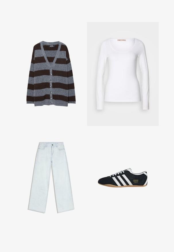 Cardigan rayé gris et marron avec un col en V, une fermeture à boutons et une texture douce. Caractérisé par des boutons arrondis et des manches longues.; T-shirt en coton blanc à manches longues, avec un col rond et une coupe ajustée, au toucher doux et sans ornement.; Jean bleu clair à jambes larges avec fermeture à boutons et fermeture éclair sur le devant, passants pour ceinture et style cinq poches, posé à plat sur un fond blanc.; Sneakers en suede noir avec trois bandes blanches, logo doré et semelle en caoutchouc marron. Présente un design à lacets à profil bas.