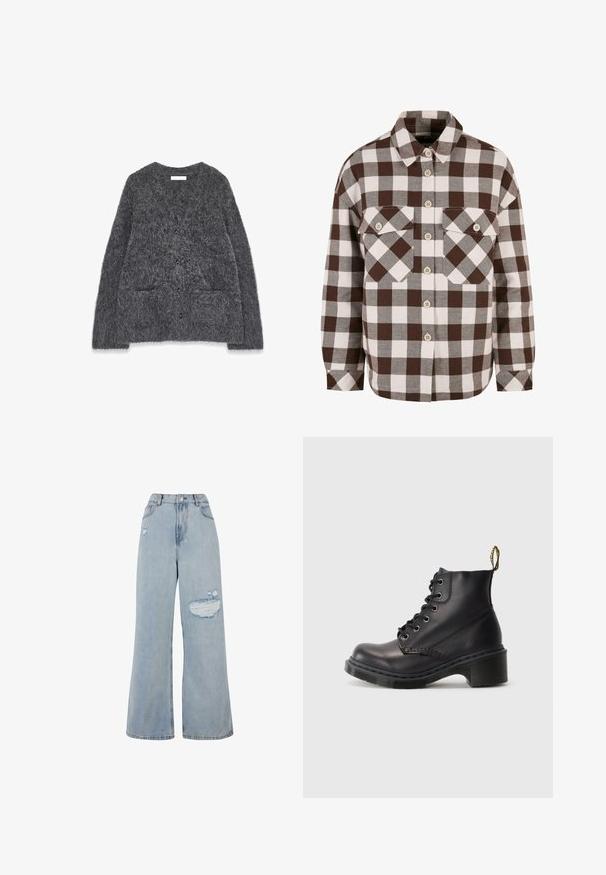Grå, fuzzy cardigan med en blød tekstur, rund halsudskæring, for-placerede lommer og seks sorte knapper ned i midten.; Brun og hvid plaid knap-op skjorte med to brystlommer, der har en klassisk krave og knap-ned foran. Blød stofstruktur.; Lysvasket denim wide-leg jeans med høj talje, slidte områder og en rå kant. Blød tekstur med en løs pasform.; Sorte læder ankelstøvler med rund tå, snørebåndsdesign og struktureret gummikalv. Har en gul sløjfe bagpå for nem påtagning.