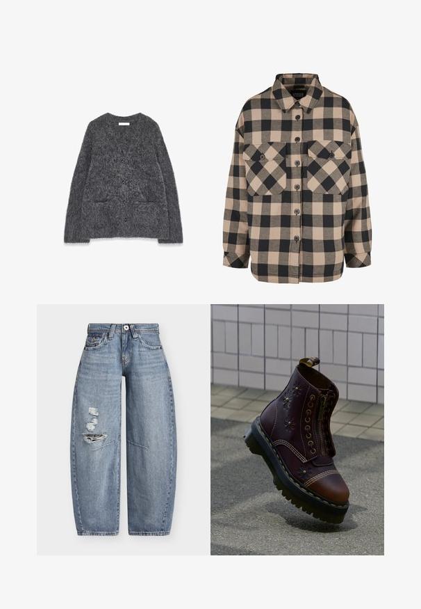 Grå, fuzzy cardigan med en blød tekstur, rund halsudskæring, for-placerede lommer og seks sorte knapper ned i midten.; Rutet flannel skjorte i beige og mørkegrå. Har en knap-ned front, to brystlommer og en nedfoldet krave. Løs pasform.; Blå denim jeans med vide ben, høj talje og slidte revner på venstre lår, med forlommer og bæltestropper.; Mørkebrune læderstøvler med blomstret prægning, frontlynlås, tyk sort sål med gul syning, svævende over tekstureret fortov nær flisebelagt væg.