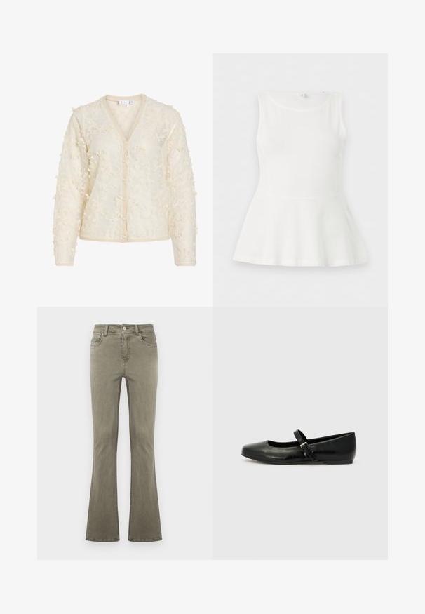 Cardigan à manches longues couleur crème avec une texture en dentelle florale, boutons en perle sur le devant, et bord-côte au col, aux poignets et à l'ourlet.; Haut blanc sans manches avec basque, encolure ronde et taille cintrée, présenté à plat sur un fond blanc uni.; Jean droit vert olive avec fermeture à boutons sur le devant, passants pour ceinture et design cinq poches, présenté sur un fond uni.; Ballerines en cuir noir avec un bout arrondi, une semelle plate et une fine sangle ajustable sur le cou-de-pied avec une boucle en métal.