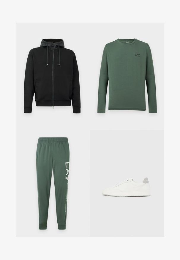 Sort zip-up hoodie lavet af blødt stof. Har mønstret foret i hætten, snoretræk og sidelommer. Glat tekstur, afslappet pasform.; Langærmet, olivengrøn crewneck-trøje med lille sort EA7 Emporio Armani-logo på venstre bryst.; Grønne atletikbukser med elastisk linning, tilspidset form og hvid logodetalje langs venstre ben; glat, letvægtsstof.; Hvid lavtop-sneaker med gråt hælflig, hvide snørebånd og tekstureret sål, vist på en ensfarvet lys baggrund.