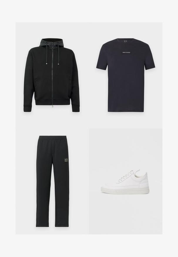 Sort zip-up hoodie lavet af blødt stof. Har mønstret foret i hætten, snoretræk og sidelommer. Glat tekstur, afslappet pasform.; Sort t-shirt med korte ærmer og rund hals, med en centreret "Armani Exchange"-patch på brystet.; Sorte sweatpants med lige ben, elastisk talje og sort logo-patch på venstre lår.; Hvid lædersneaker med rundet tå, flad sål og snørebånd foran. Har syningsdetaljer og polstret krave for komfort.