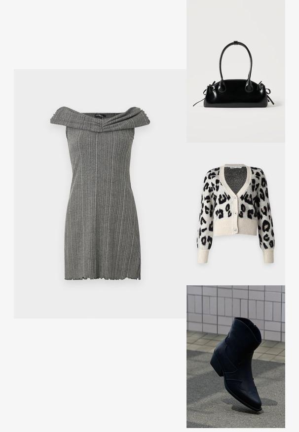 ONLY ONLSARA GLITTER - Vest - pumice stone/black/gold glitter; Grijze off-the-shoulder jurk met verticale ribbeltextuur, voorzien van een brede, gevouwen halslijn en een gegolfde zoom.; Zwarte leren enkellaars met lage hak, decoratieve stiksels en puntige neus, rechtop geplaatst op een betegelde ondergrond naast een betegelde muur.; Kleine zwarte glanzende handtas met twee lange hengsels en zijkant trekkoord details op een effen lichte achtergrond.