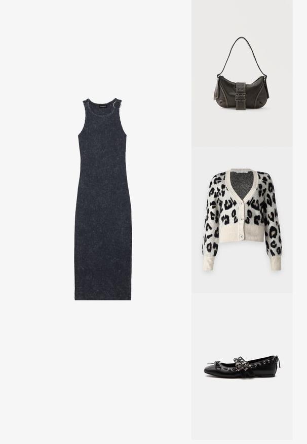 ONLY ONLSARA GLITTER - Vest - pumice stone/black/gold glitter; Donkergrijze, geribbelde maxi-jurk met een ronde halslijn en een zilveren ringaccent op de schouder. Gestructureerde stof met een aansluitende pasvorm.; Zwarte platte balletschoen met dubbele gespsluitingen, zilveren oogjes en een klein strikje nabij de afgeronde neus op een witte achtergrond.; Zwarte leren schoudertas met gespsluiting aan de riem, afgeronde hoeken en contrasterende witte stiksels op een effen achtergrond.