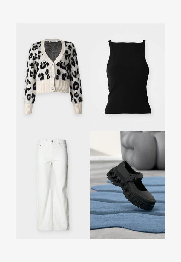 ONLY ONLSARA GLITTER - Vest - pumice stone/black/gold glitter; Zwarte geribbelde tanktop met een aansluitende pasvorm, voorzien van brede banden en een cropped zoom. Soepele textuur, eenvoudig ontwerp, zonder patronen of accenten.; Witte jeans met rechte pijpen en hoge taille, voorzien van een knoopsluiting aan de voorkant, rits, en zij- en achterzakken, tegen een effen lichte achtergrond.; Zwarte Mary Jane-stijl schoen met dikke geribbelde zool en gesp, rustend op een gestructureerd blauwe tapijt met wazige achtergrond.