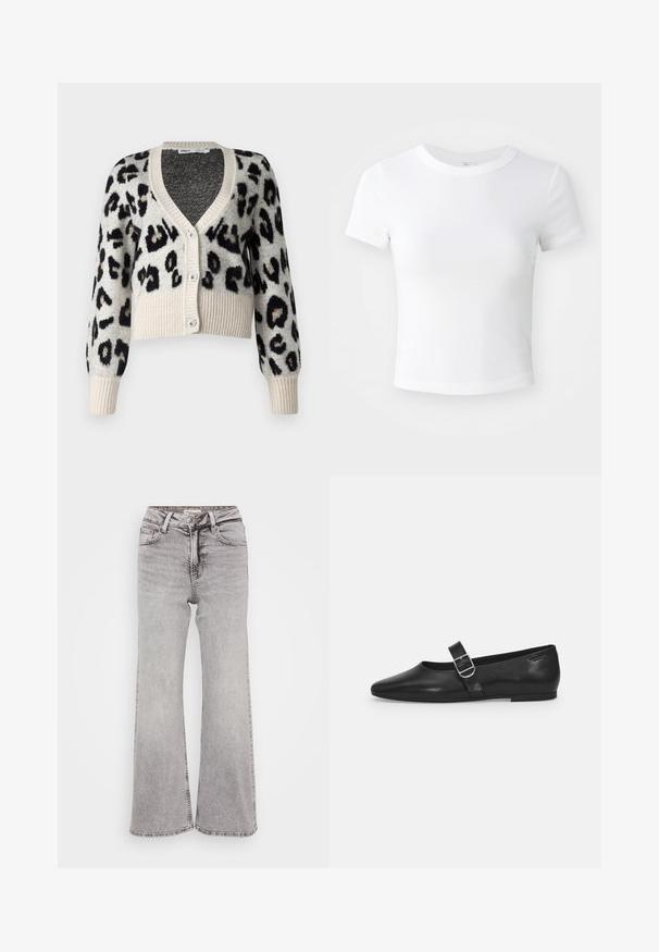 ONLY ONLSARA GLITTER - Vest - pumice stone/black/gold glitter; Effen witte cropped t-shirt met korte mouwen en ronde hals, weergegeven op een neutrale lichte achtergrond.; Grijze wijde spijkerbroek van denim, met een klassiek vijf-pocket ontwerp, knoopsluiting en subtiele vervaging voor textuur.; Zwarte leren platte schoen met een ronde neus, een enkele verstelbare gespsluiting en een gladde, glanzende textuur. Minimalistisch ontwerp met een lage hak.