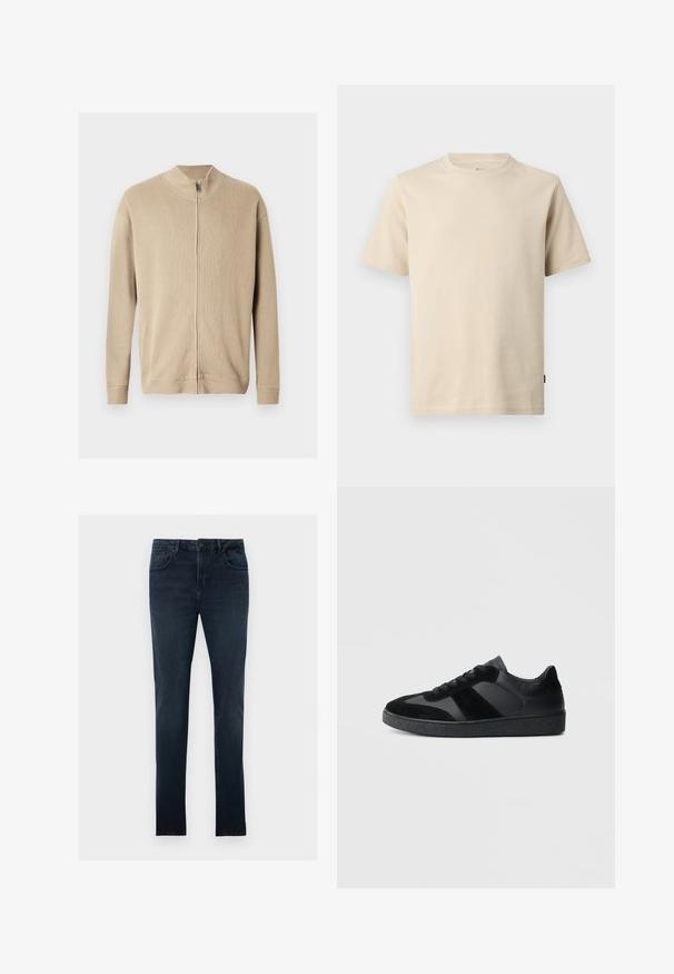 Pull beige zippé avec un col montant, une texture côtelée et des manches longues. Des lignes épurées et des détails de coutures subtiles rehaussent son design.; T-shirt beige à manches courtes et col rond en coton avec couture minimale et petit logo ton sur ton sur le côté gauche de la poitrine.; Jean slim bleu foncé avec bouton et fermeture éclair à l'avant, design à cinq poches et légère décoloration au niveau des cuisses.; Baskets noires combinant cuir lisse et daim, avec une semelle en caoutchouc noire texturée et un détail de rayures discrètes.