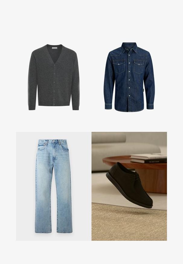 Grå uld cardigan med V-hals, frontknapper og ribstrikkede manchetter. Blød tekstur og tætsiddende design.; Mørkeblå denimskjorte med lange ærmer, knaplukning, to brystlommer med knapper og en spids krave.; Lysblå denimjeans med brede lige ben, fem lomme-design og bæltestropper i taljen. Stoffet har en let falmet tekstur.; Sort læder snøresko, der svæver over beige tekstureret tæppe, med rundt træbord og stabler af bøger i blød fokus baggrund.