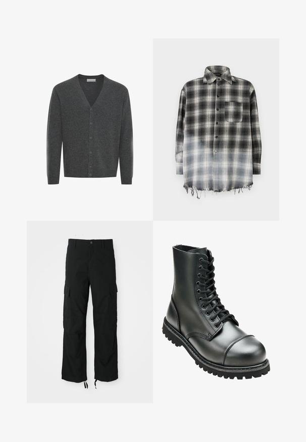 Grå uld cardigan med V-hals, frontknapper og ribstrikkede manchetter. Blød tekstur og tætsiddende design.; Sort-hvid ternet skjorte med klassisk krave, knaplukning, påsyet lomme og frynset kant. Stoffet har et blødt, tekstureret udseende.; Sorte cargo bukser lavet af slidstærkt stof, med to sidelommer, en knaplukning og justerbare nederste kanter for en løs og afslappet pasform.; Sort læderkampstøvle med høj ankel, rund tå, snørebånd foran og robust gummisål med dybe mønstre for godt greb.