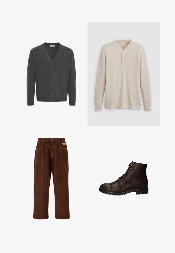 Grå uld cardigan med V-hals, frontknapper og ribstrikkede manchetter. Blød tekstur og tætsiddende design.; Langærmet henley-skjorte i lys beige ribbet stof, med V-hals, tre-knap placket og manchetter ved ærmerne. Rød logo-tags ved kanten.; Brune corduroy bukser med en ribbet tekstur, lige ben, forlommer og et broderet gult logo nær taljen.; Mørkebrun læder snørebånd ankelstøvle med robuste gummisål og metaløjer, set fra den ydre side.